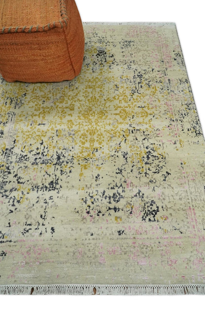4x6 Fine Hand Knotted Gold, Gray and Ivory Modern Abstract Wool and SIlk Area Rug | AGR17 - Tampa Home & Garden Store