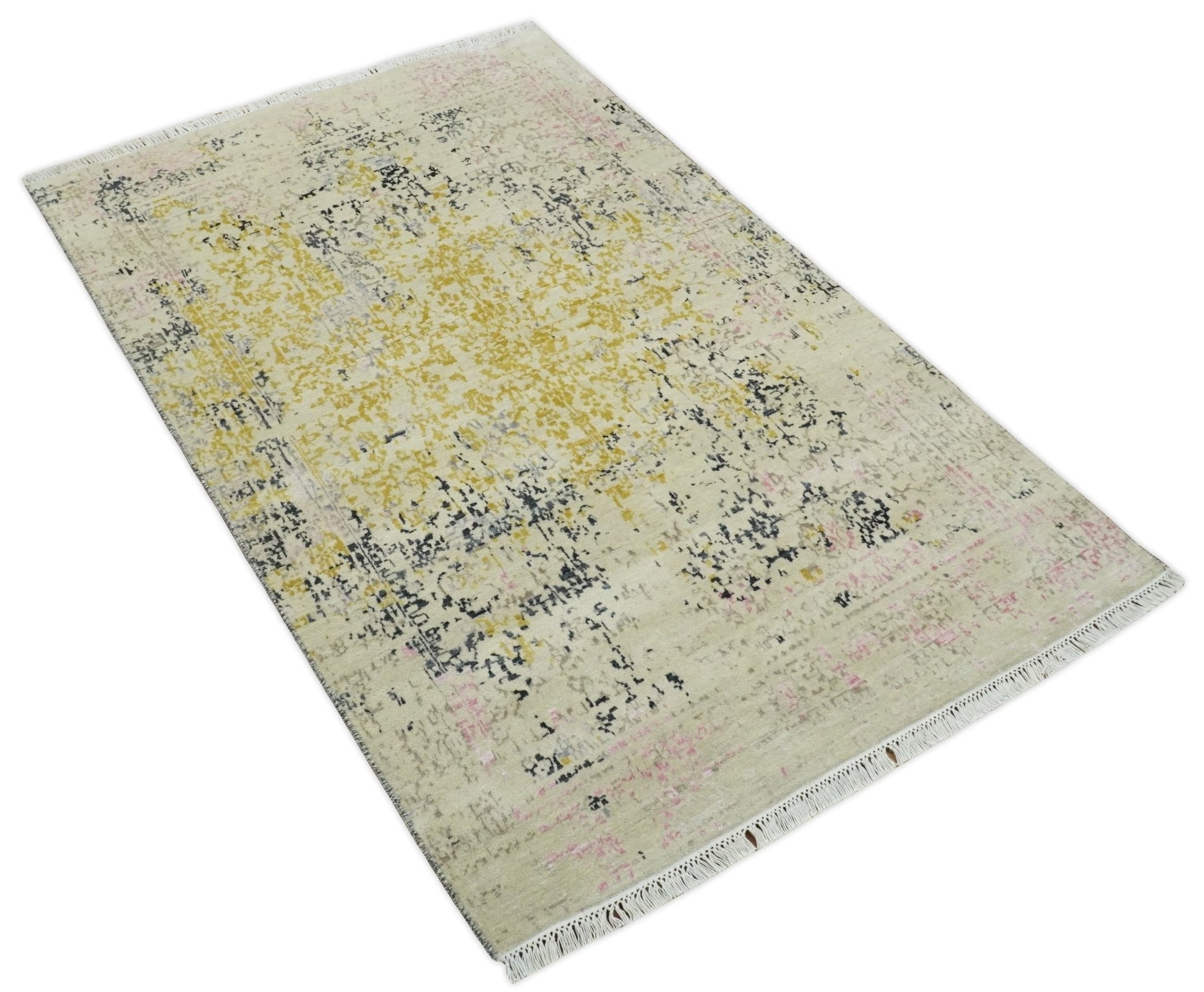 4x6 Fine Hand Knotted Gold, Gray and Ivory Modern Abstract Wool and SIlk Area Rug | AGR17 - Tampa Home & Garden Store