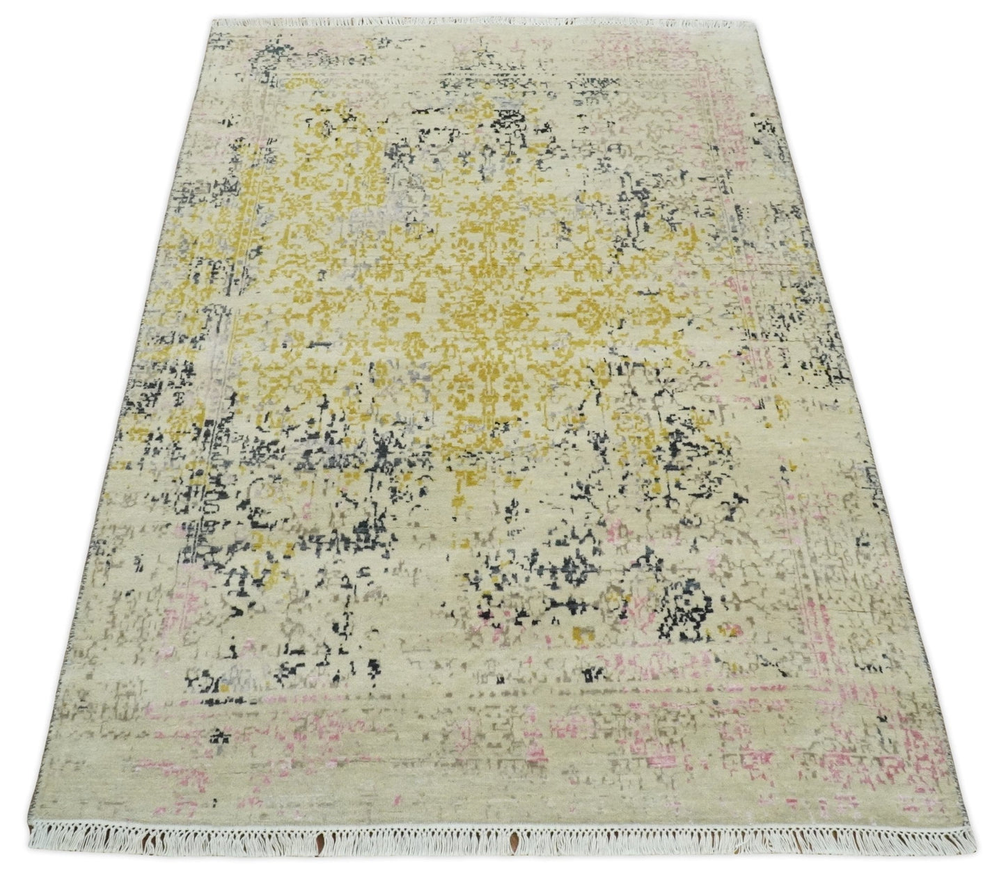 4x6 Fine Hand Knotted Gold, Gray and Ivory Modern Abstract Wool and SIlk Area Rug | AGR17 - Tampa Home & Garden Store