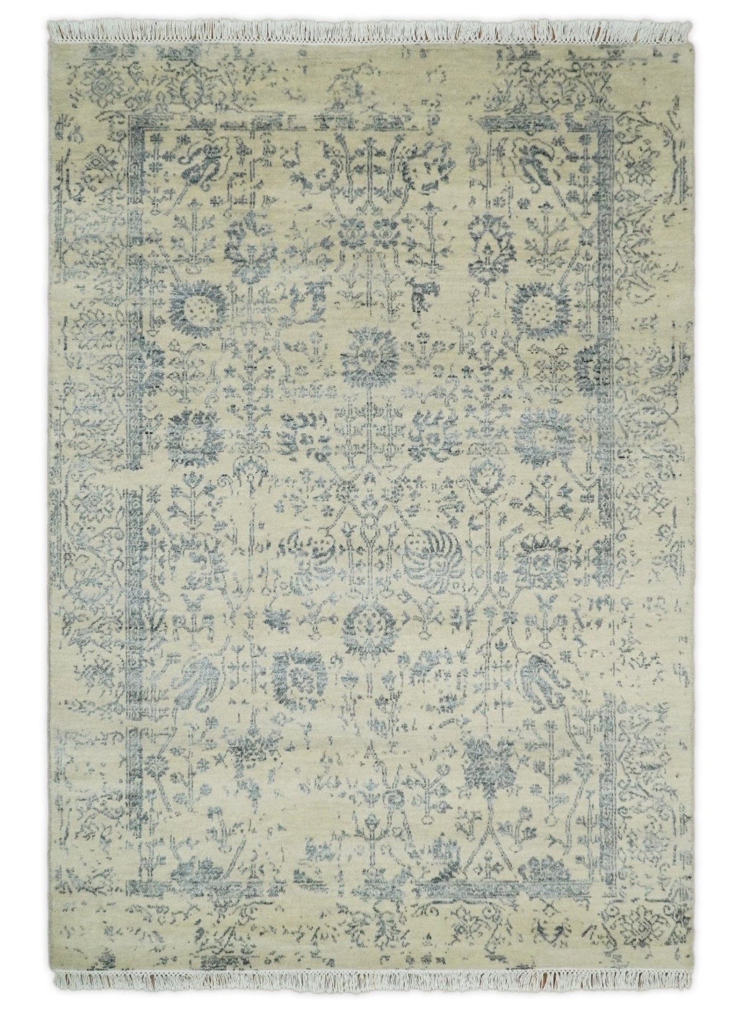 Alfombra antigua de lana y seda, estilo persa tradicional, anudada a mano, de 4x6, en beige y gris | AGR14