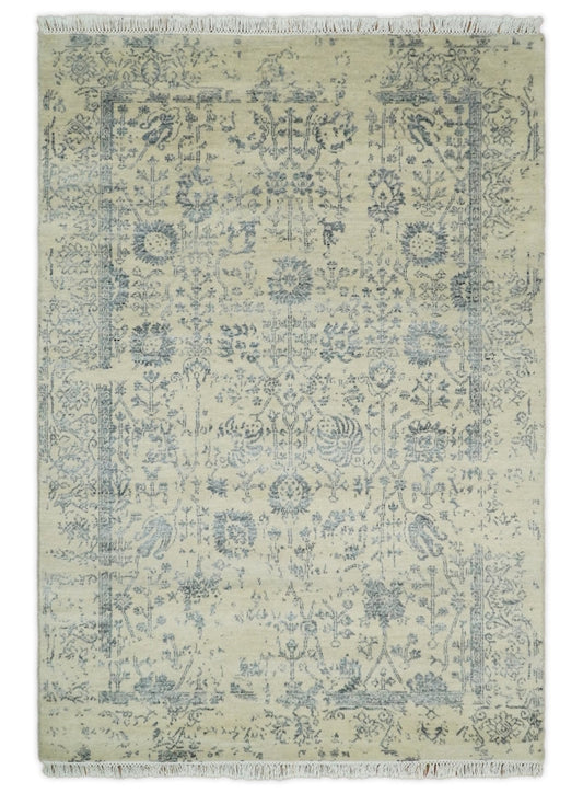 4x6 Fine Hand Knotted Beige and Gray Traditional Vintage Persian Style Antique Wool and Silk Rug | AGR14 - Tampa Home & Garden Store