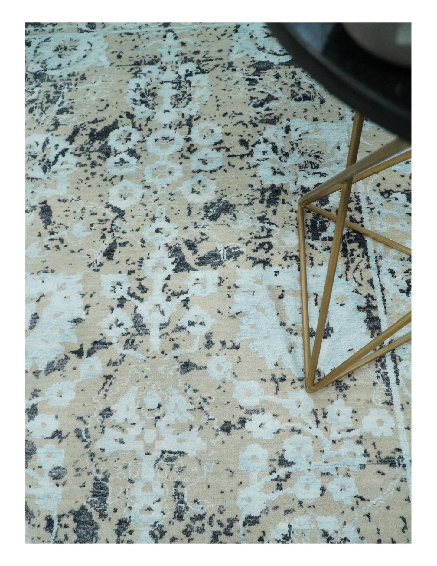Alfombra antigua de lana y seda de bambú, estilo persa tradicional, anudada a mano, de 4x6 pulgadas, en tonos aguamarina, beige y negro | AGR10