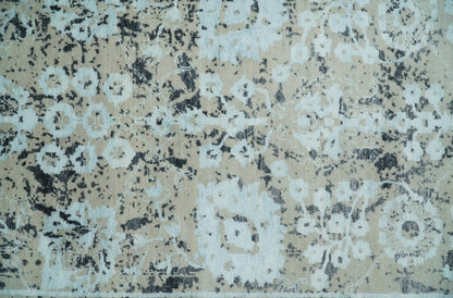 Alfombra antigua de lana y seda de bambú, estilo persa tradicional, anudada a mano, de 4x6 pulgadas, en tonos aguamarina, beige y negro | AGR10