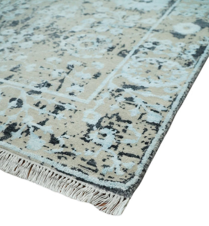 Alfombra antigua de lana y seda de bambú, estilo persa tradicional, anudada a mano, de 4x6 pulgadas, en tonos aguamarina, beige y negro | AGR10