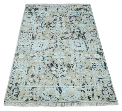 Alfombra antigua de lana y seda de bambú, estilo persa tradicional, anudada a mano, de 4x6 pulgadas, en tonos aguamarina, beige y negro | AGR10
