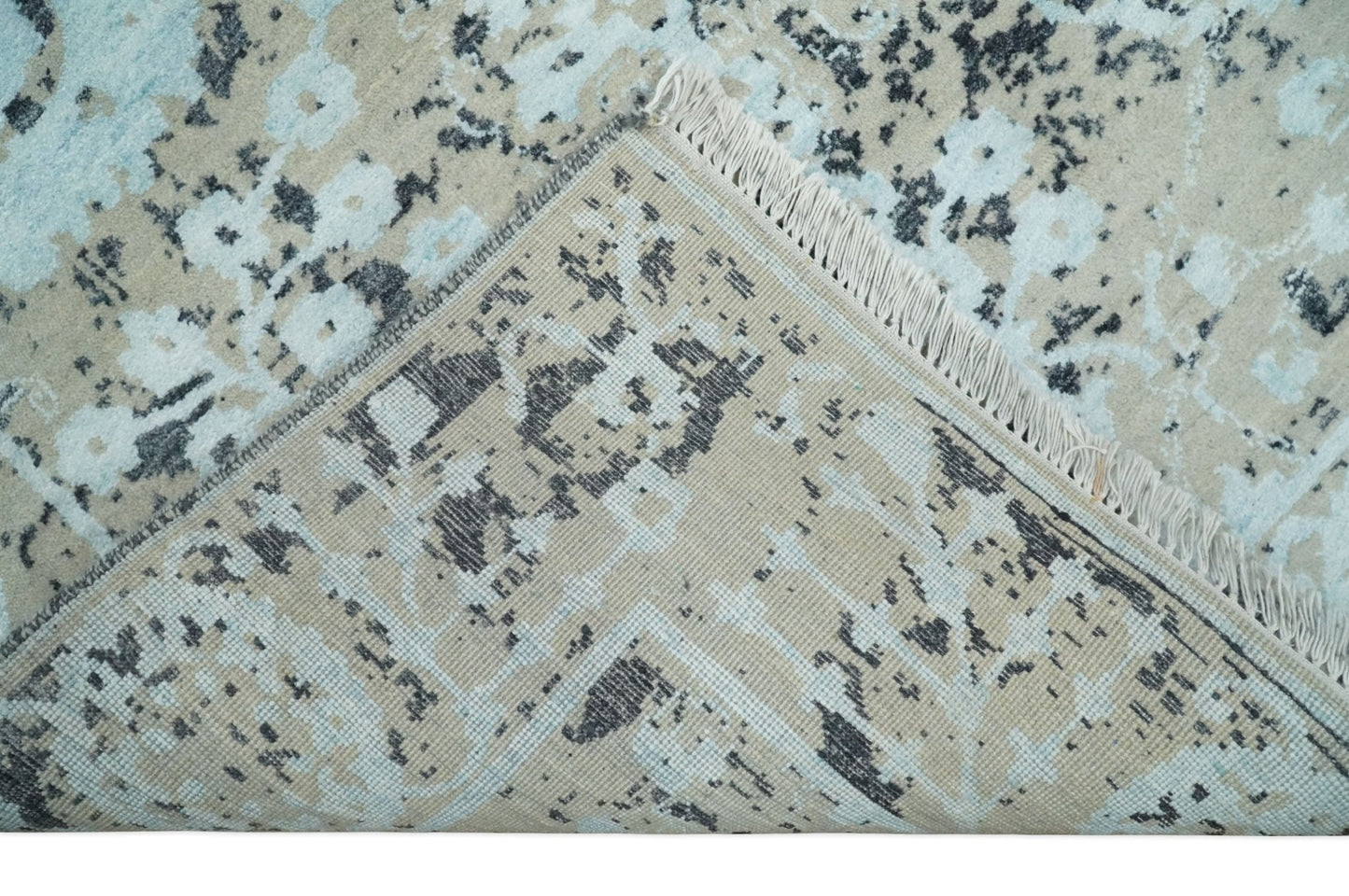 Alfombra antigua de lana y seda de bambú, estilo persa tradicional, anudada a mano, de 4x6 pulgadas, en tonos aguamarina, beige y negro | AGR10