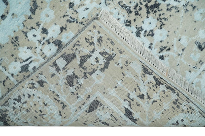 Alfombra antigua de lana y seda de bambú, estilo persa tradicional, anudada a mano, de 4x6 pulgadas, en tonos aguamarina, beige y negro | AGR10