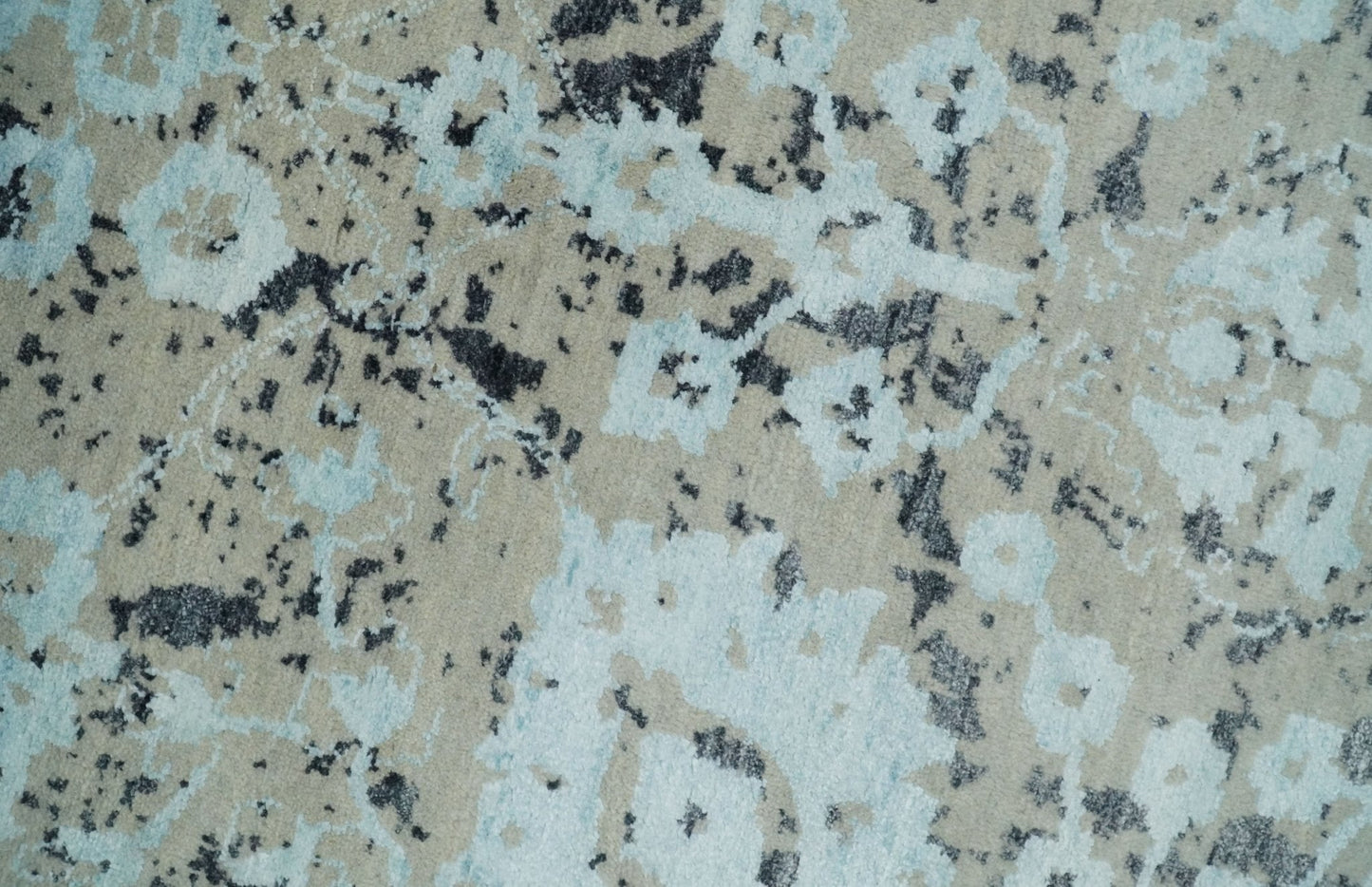 Alfombra antigua de lana y seda de bambú, estilo persa tradicional, anudada a mano, de 4x6 pulgadas, en tonos aguamarina, beige y negro | AGR10