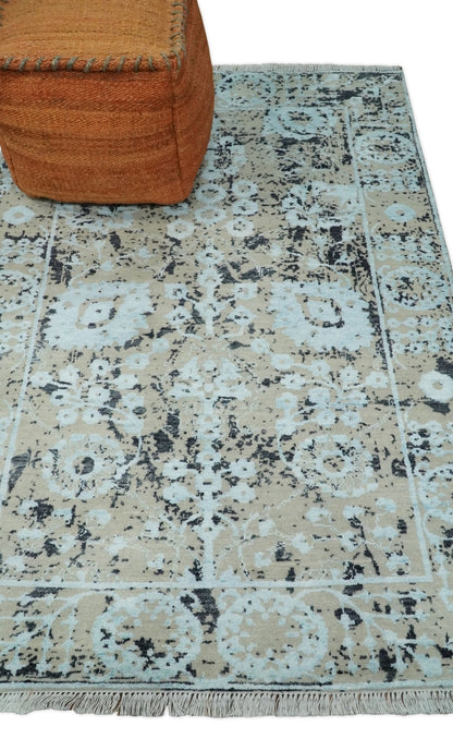 Alfombra antigua de lana y seda de bambú, estilo persa tradicional, anudada a mano, de 4x6 pulgadas, en tonos aguamarina, beige y negro | AGR10