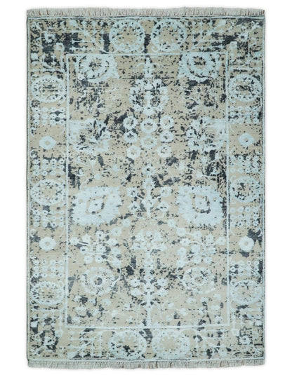 Alfombra antigua de lana y seda de bambú, estilo persa tradicional, anudada a mano, de 4x6 pulgadas, en tonos aguamarina, beige y negro | AGR10