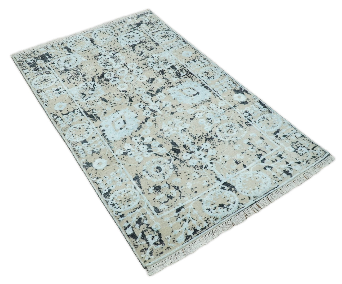 Alfombra antigua de lana y seda de bambú, estilo persa tradicional, anudada a mano, de 4x6 pulgadas, en tonos aguamarina, beige y negro | AGR10