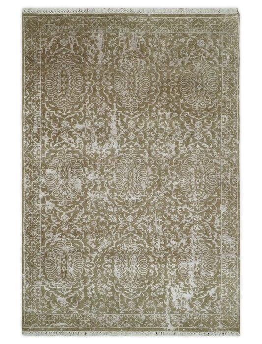 4x6 Fine Hand Knotted Olive and Silver Traditional Vintage Persian Style Antique Wool and SIlk Rug | AGR16 - Tampa Home & Garden Store