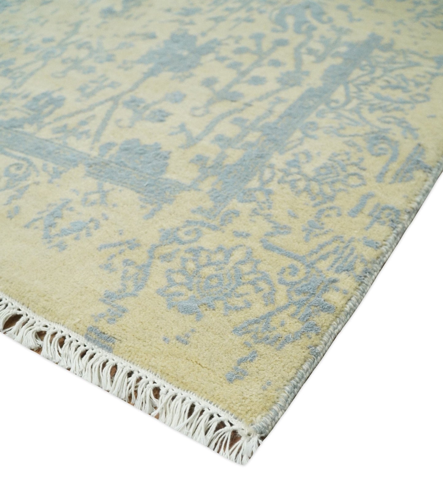 Alfombra antigua de lana y seda, estilo persa, tradicional, anudada a mano, de 4x6, en oro y plata | AGR11