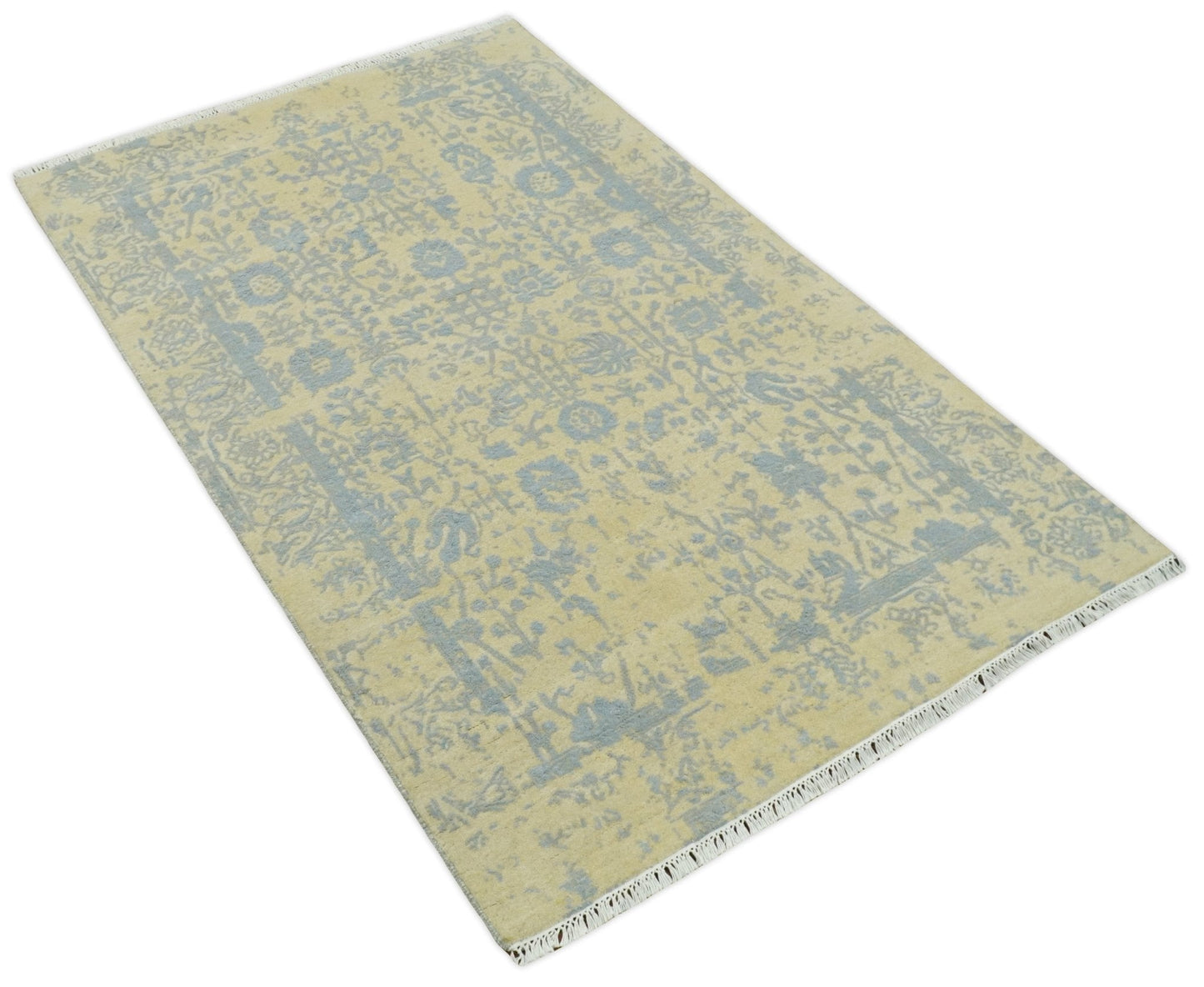 Alfombra antigua de lana y seda, estilo persa, tradicional, anudada a mano, de 4x6, en oro y plata | AGR11