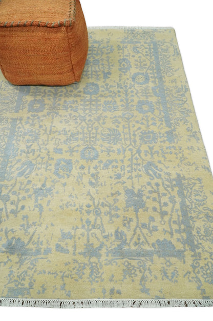 Alfombra antigua de lana y seda, estilo persa, tradicional, anudada a mano, de 4x6, en oro y plata | AGR11