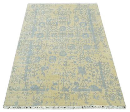Alfombra antigua de lana y seda, estilo persa, tradicional, anudada a mano, de 4x6, en oro y plata | AGR11