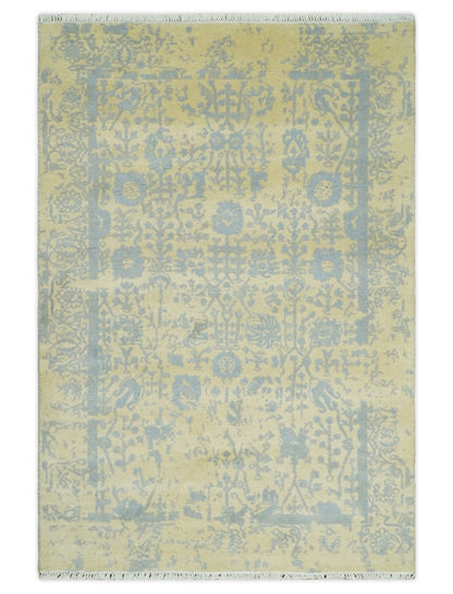 Alfombra antigua de lana y seda, estilo persa, tradicional, anudada a mano, de 4x6, en oro y plata | AGR11