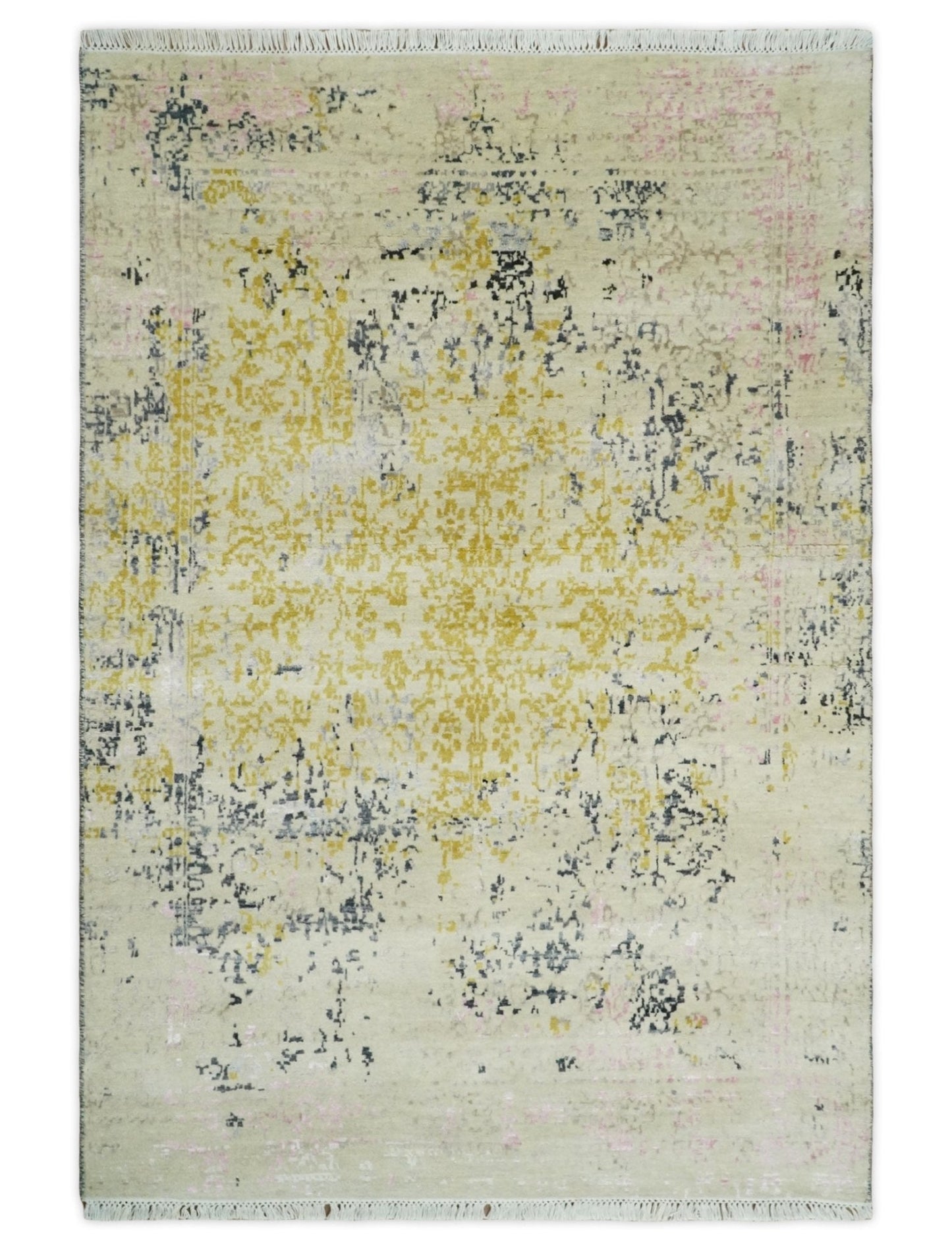 Alfombra abstracta moderna de lana y seda, anudada a mano, de 4x6 en tonos dorados, grises y marfil | AGR17
