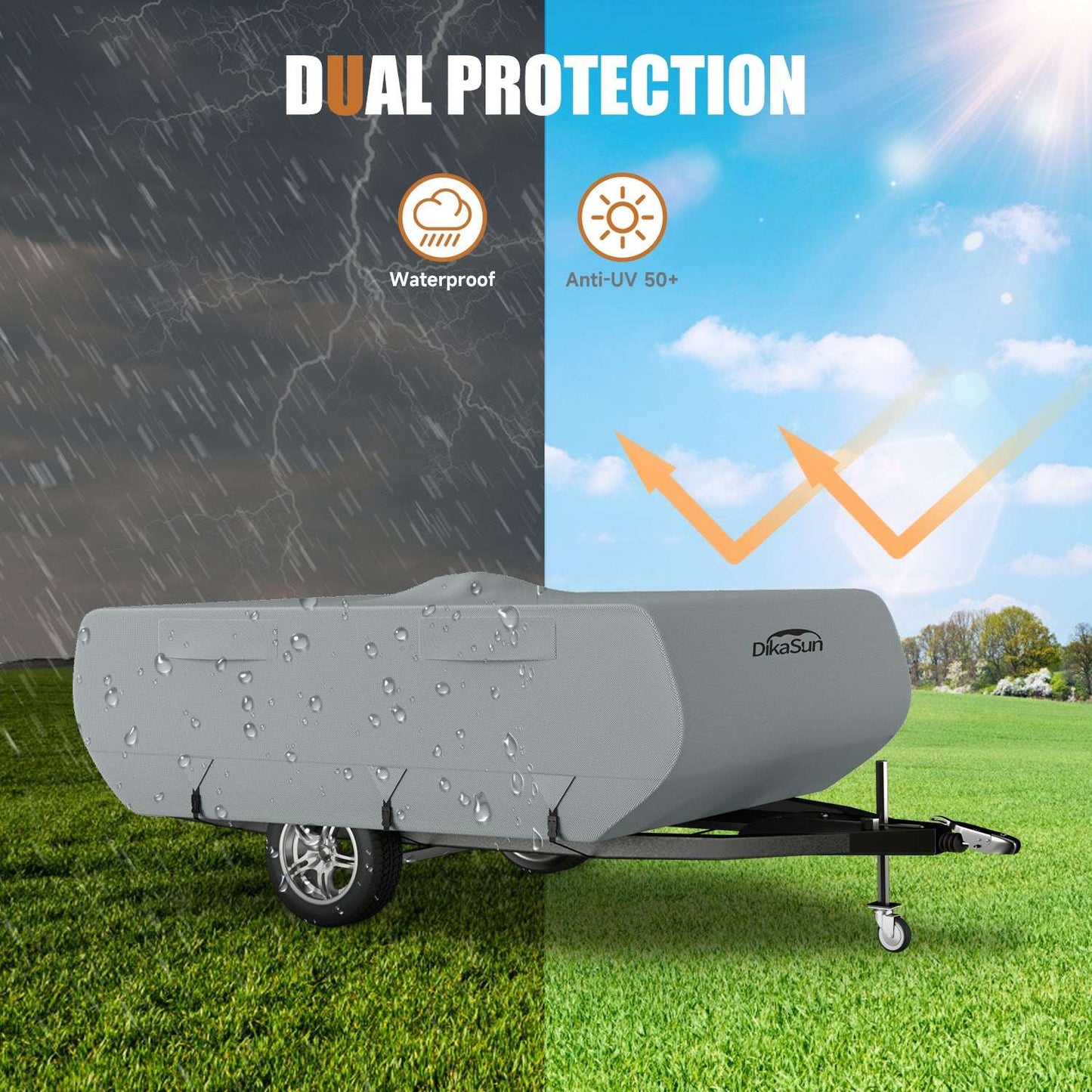 7-Layer DikaSun pop up camper cover by Dikasun Outdoor; gray, breathable UV resistant waterproof RV cover on dual weather scene on Tampa Home & Garden Store