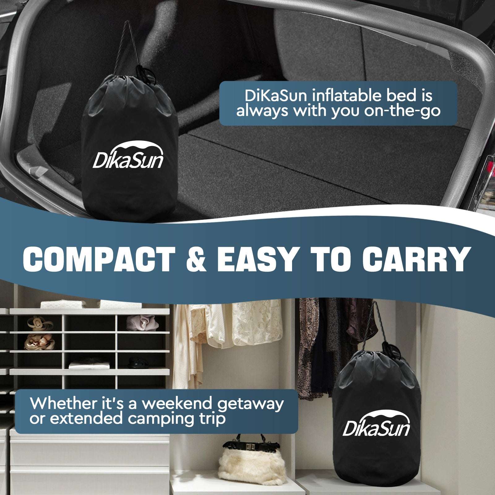 Dikasun backseat inflatable air mattress for Tesla Model Y shown with black carry bag in trunk on Tampa Home & Garden Store