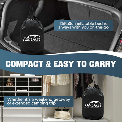 Dikasun backseat inflatable air mattress for Tesla Model Y shown with black carry bag in trunk on Tampa Home & Garden Store