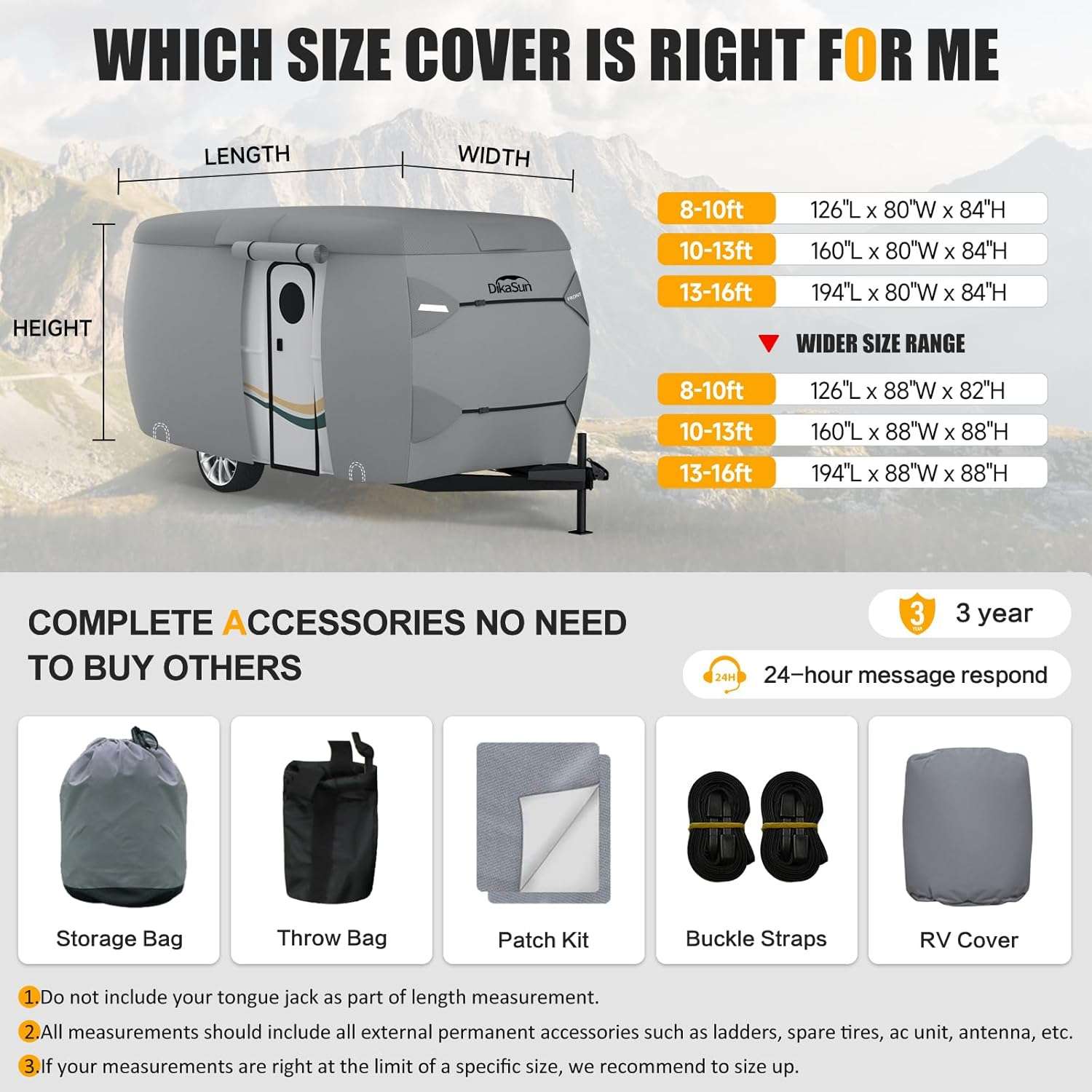 7-Layer fiberglass travel trailer cover by Dikasun Outdoor, waterproof gray RV cover over a towable camper with hitch on Tampa Home & Garden Store