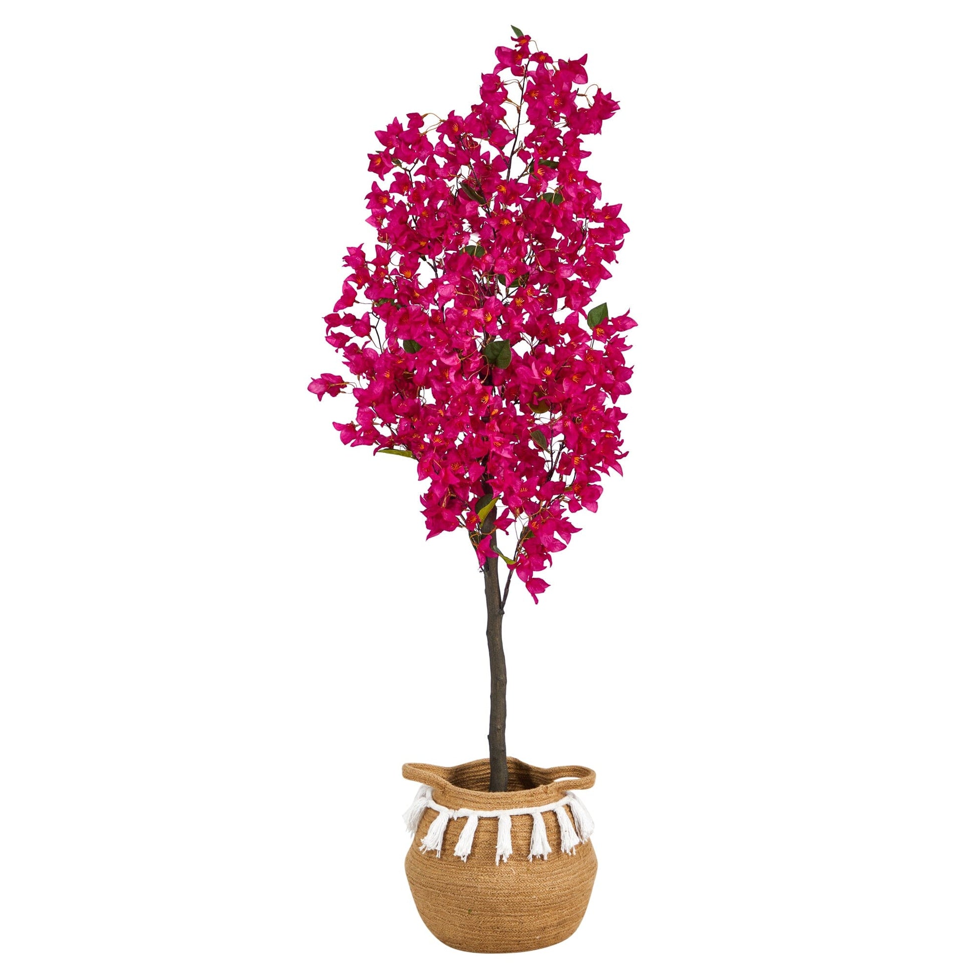 5’ Artificial Bougainvillea Tree with Handmade Jute & Cotton Basket with Tassels - Tampa Home & Garden Store