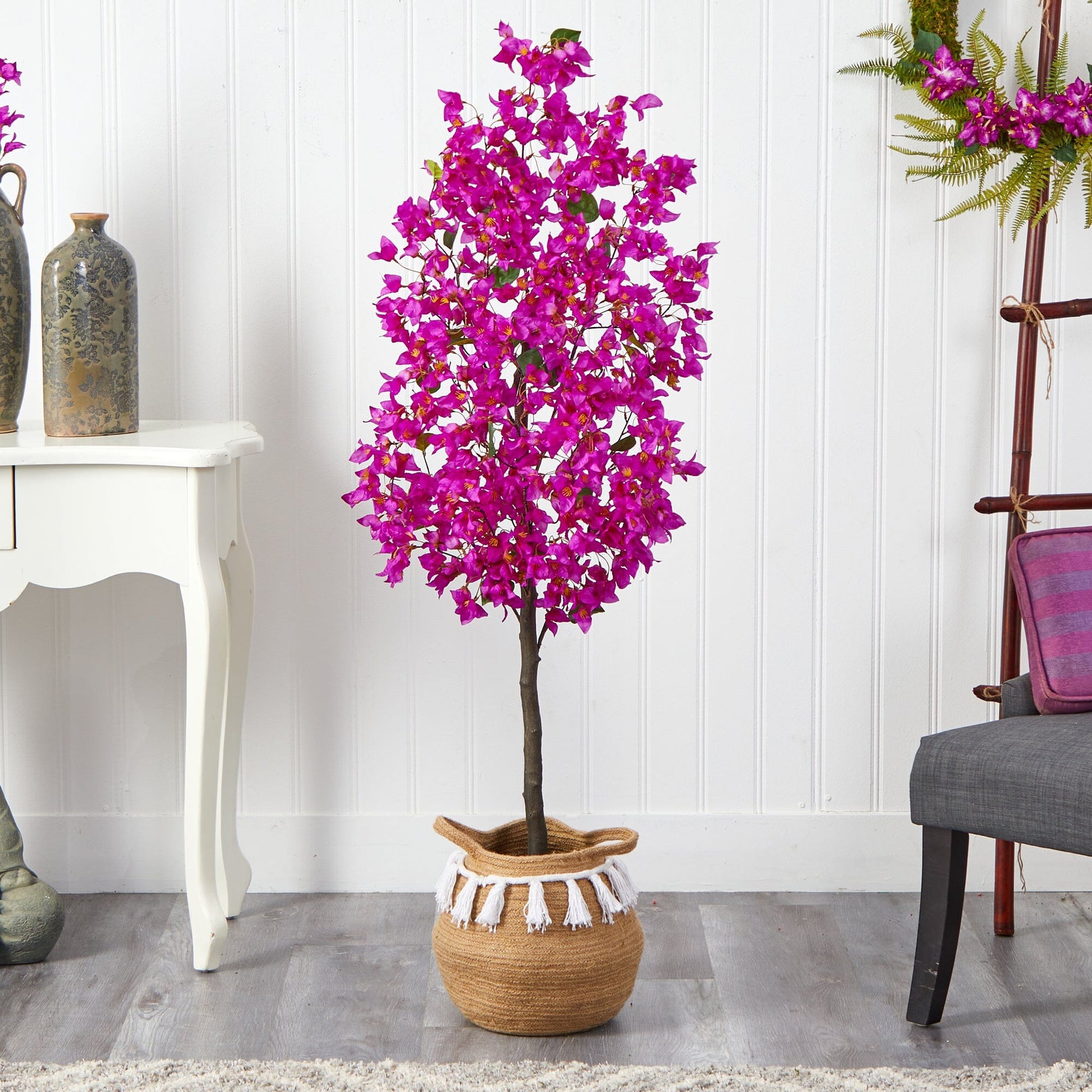 5’ Artificial Bougainvillea Tree with Handmade Jute & Cotton Basket with Tassels - Tampa Home & Garden Store