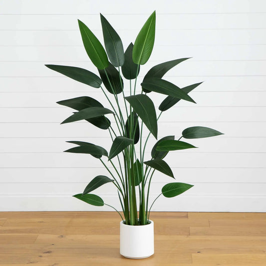Artificial Sky Bird Tree in white planter with tall tropical green leaves Nearly Natural on Tampa Home & Garden Store