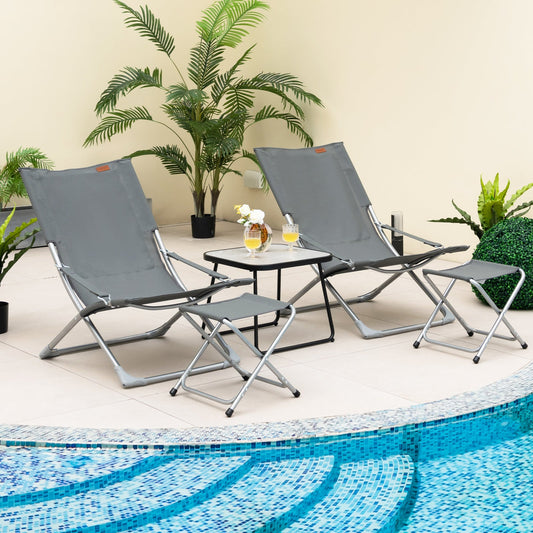 5-Piece Patio Sling Chair Set Folding Lounge Chairs with Footrests and Coffee Table-Gray - Tampa Home & Garden Store