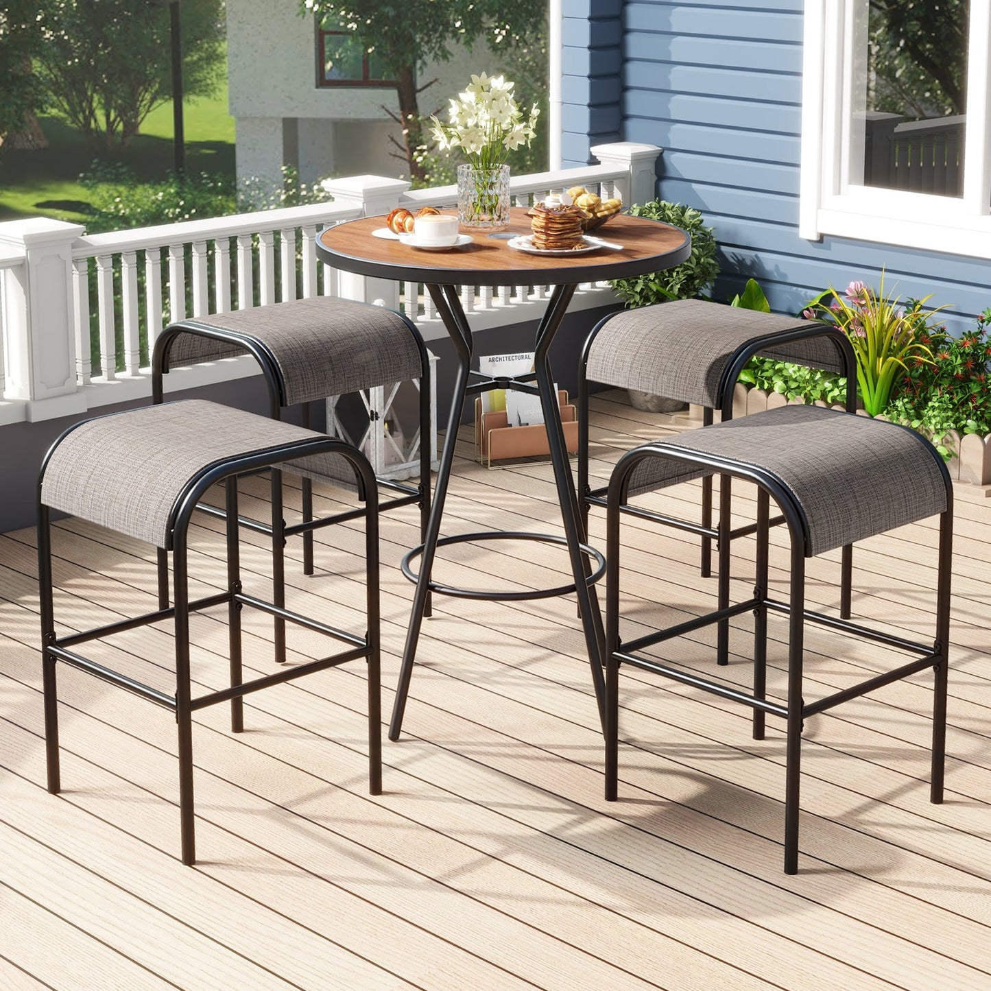 5 Pieces Outdoor Round Bar Table Set with 1.6 Inches Umbrella Hole - Tampa Home & Garden Store