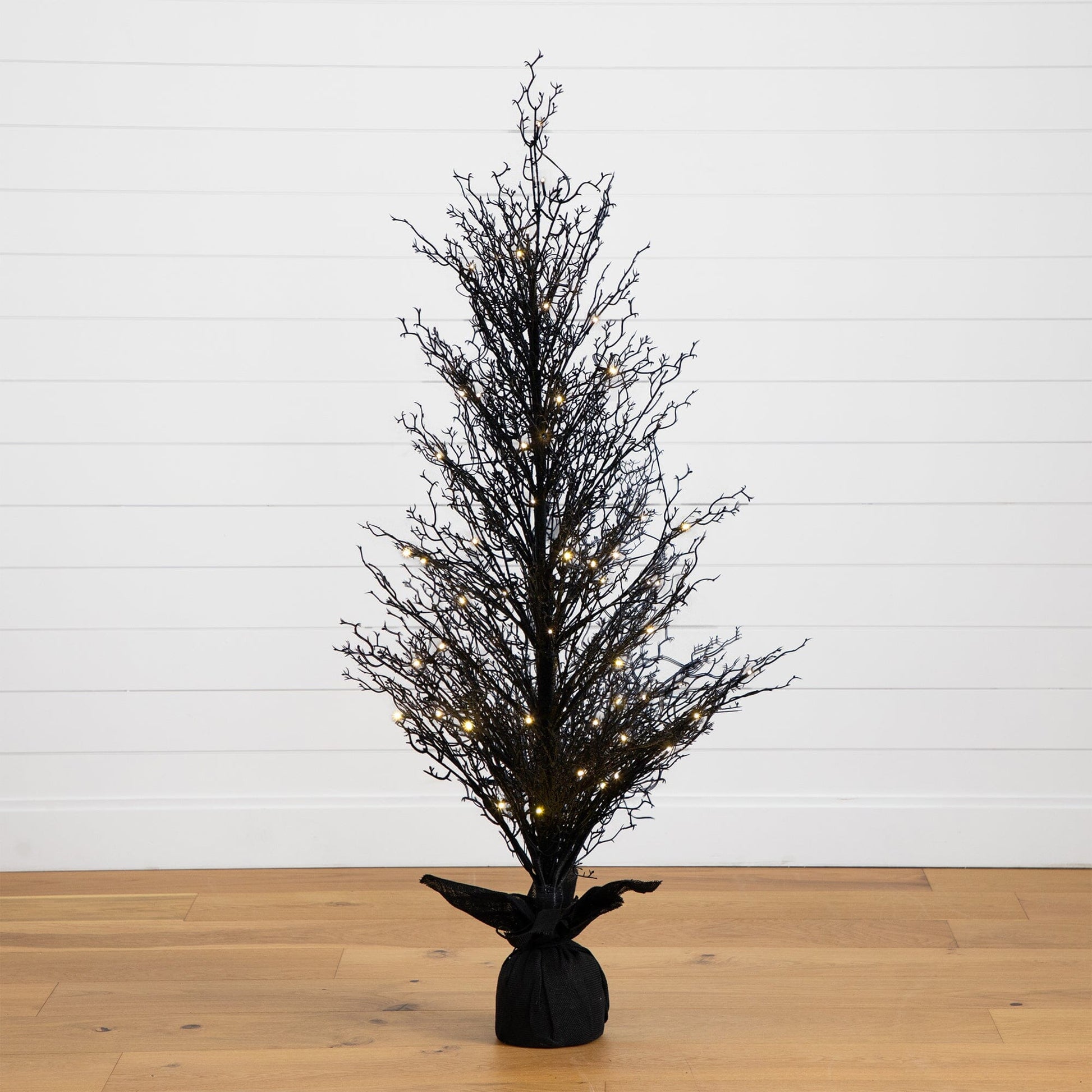 5’ Pre-Lit Halloween Black Twig Artificial Fall Tree in Burlap Planter with 85 Warm White LED Lights - Tampa Home & Garden Store