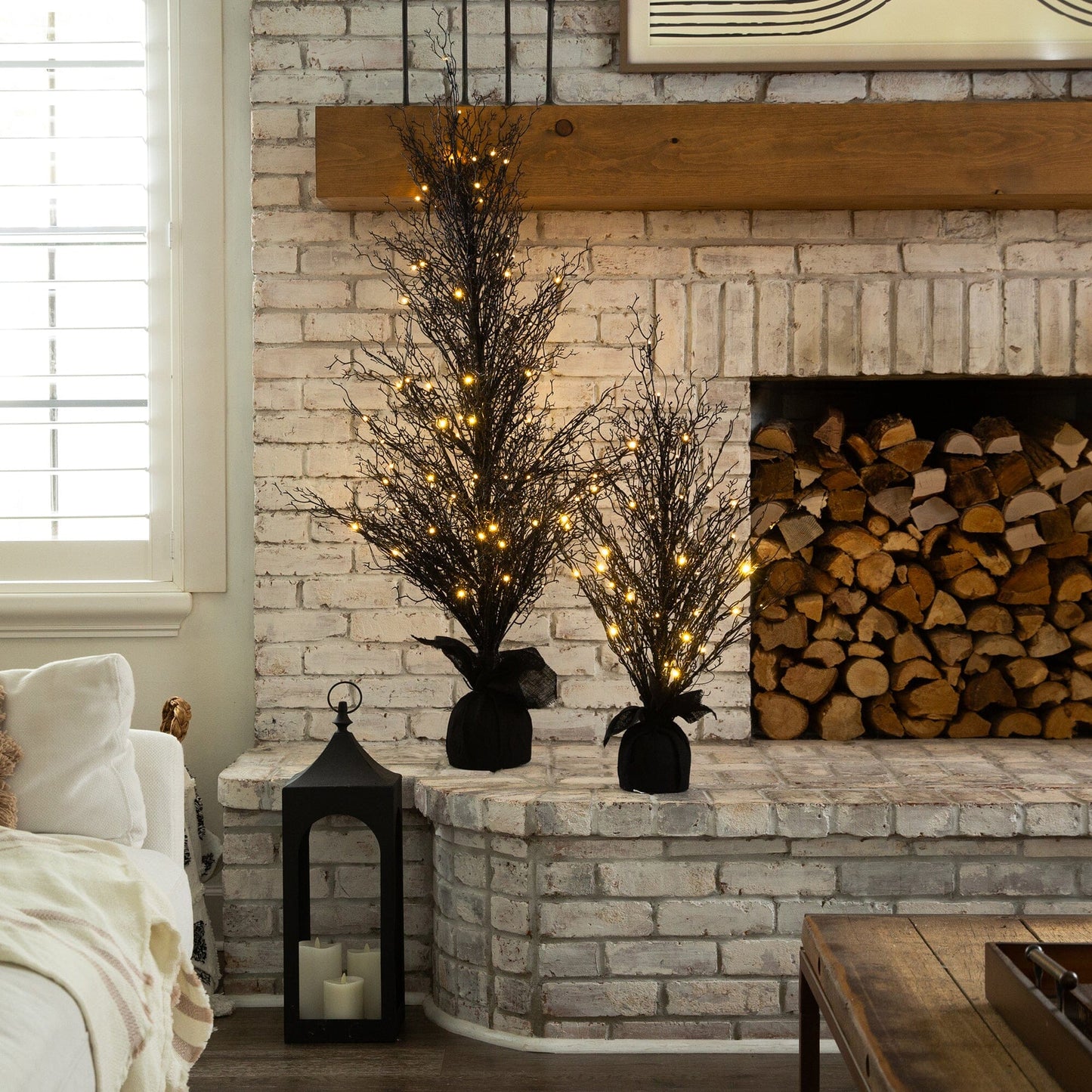 5’ Pre-Lit Halloween Black Twig Artificial Fall Tree in Burlap Planter with 85 Warm White LED Lights - Tampa Home & Garden Store