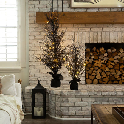 5’ Pre-Lit Halloween Black Twig Artificial Fall Tree in Burlap Planter with 85 Warm White LED Lights - Tampa Home & Garden Store