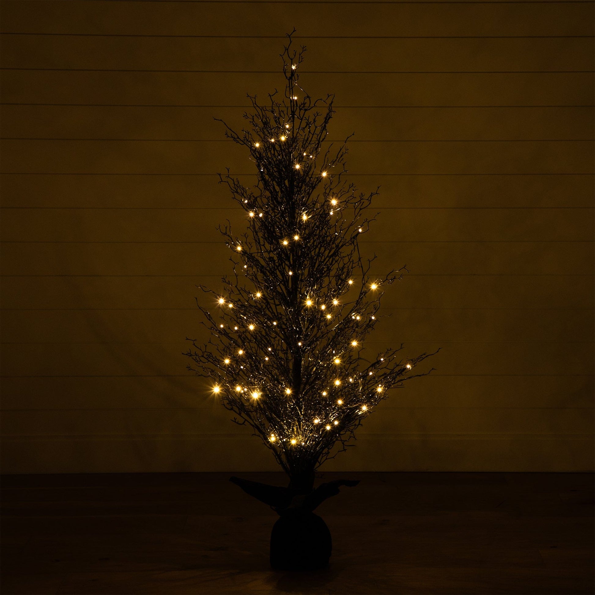 5’ Pre-Lit Halloween Black Twig Artificial Fall Tree in Burlap Planter with 85 Warm White LED Lights - Tampa Home & Garden Store