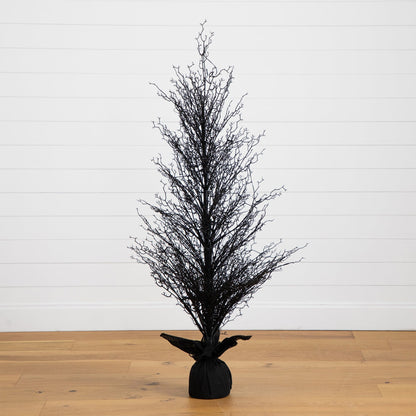 5’ Pre-Lit Halloween Black Twig Artificial Fall Tree in Burlap Planter with 85 Warm White LED Lights - Tampa Home & Garden Store