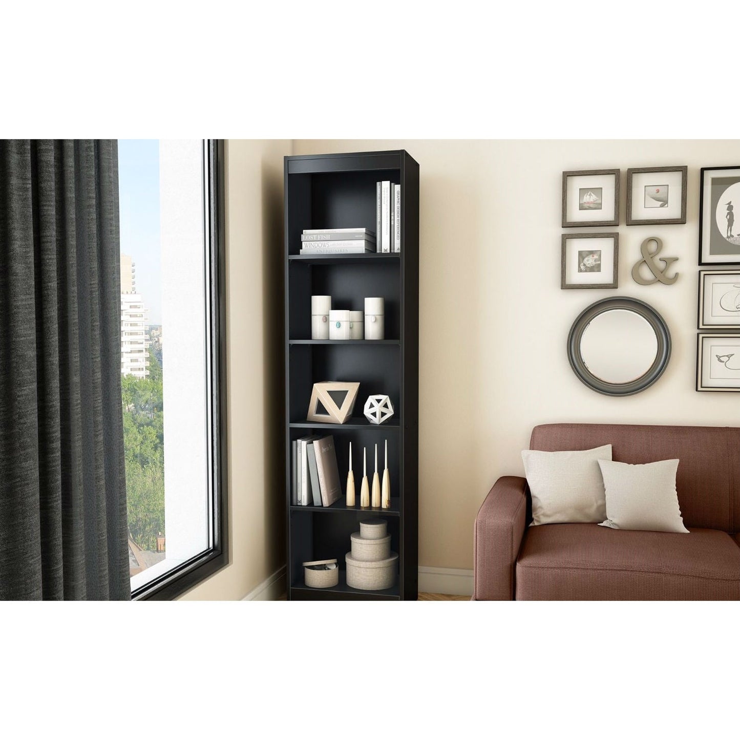 5-Shelf Narrow Bookcase Black Finish - Tampa Home & Garden Store