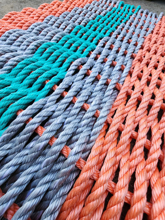5 Stripe Mat Lobster Rope Mat Coral Orange, Light Gray and Teal - Tampa Home & Garden Store