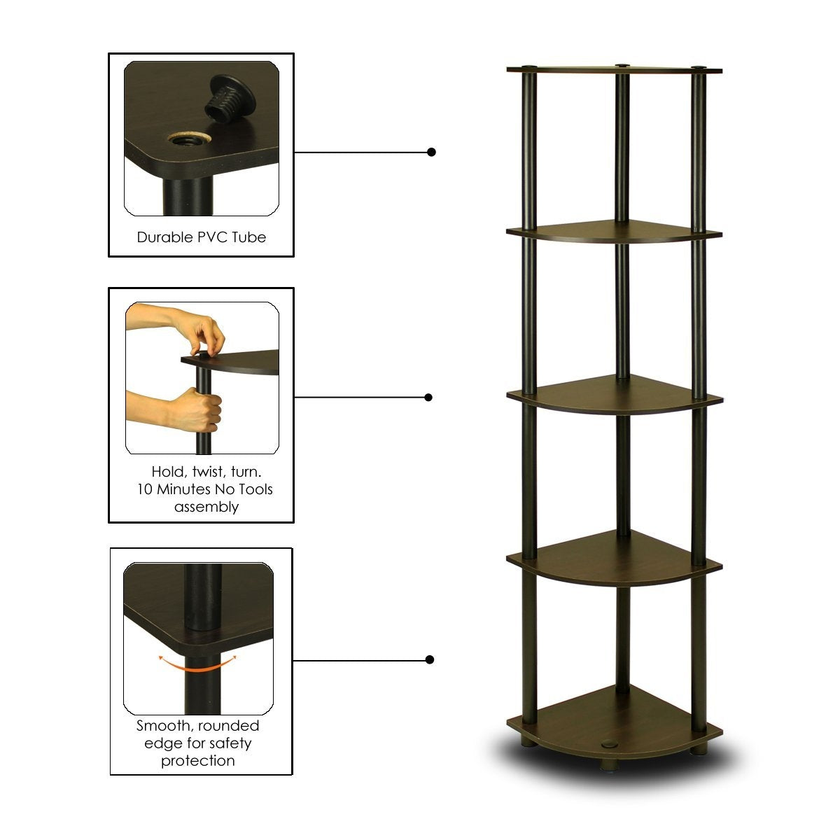 5-Tier Corner Display Shelf Bookcase in Espresso & Black - Tampa Home & Garden Store