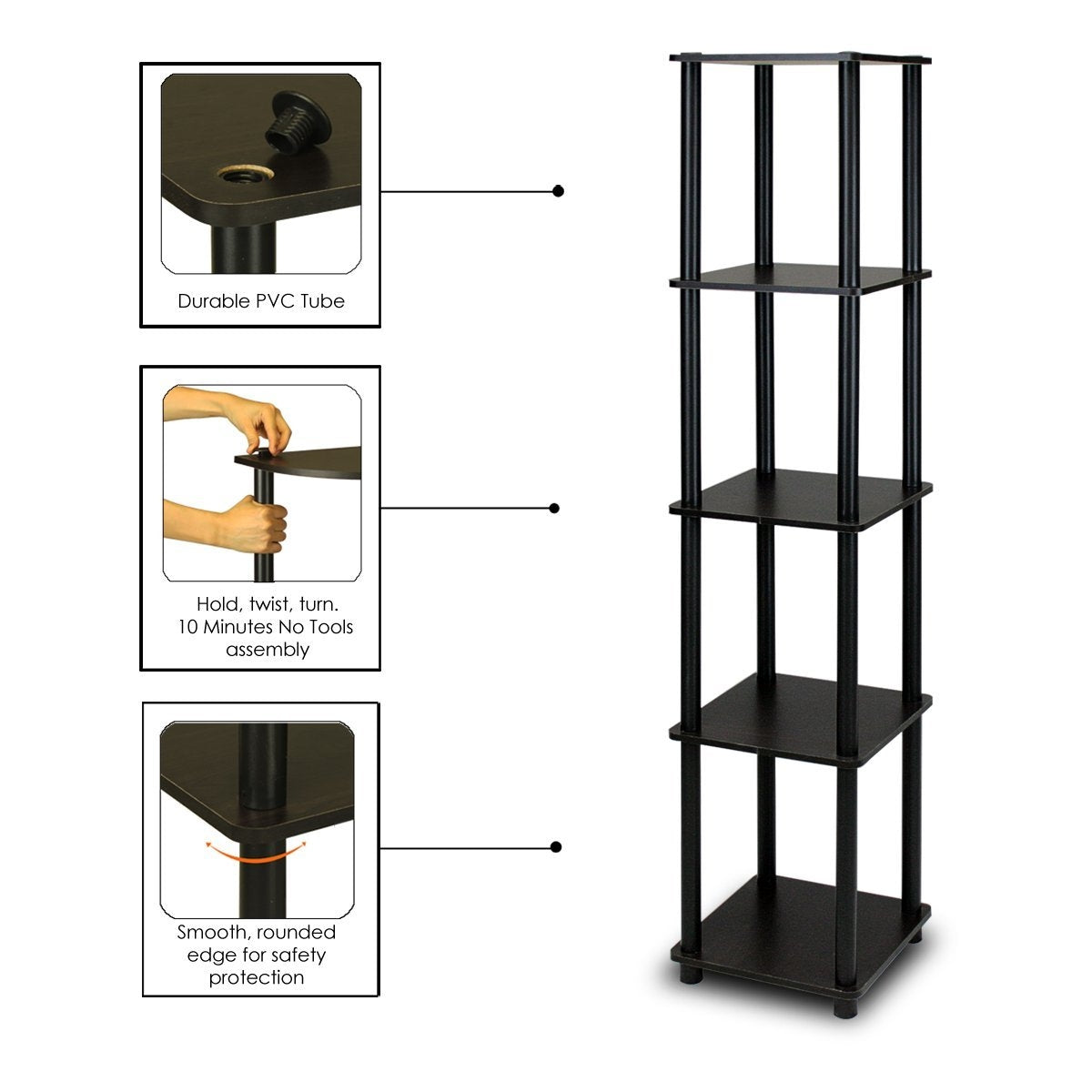 5-Tier Square Corner Display Shelf Bookcase in Espresso/Black - Tampa Home & Garden Store