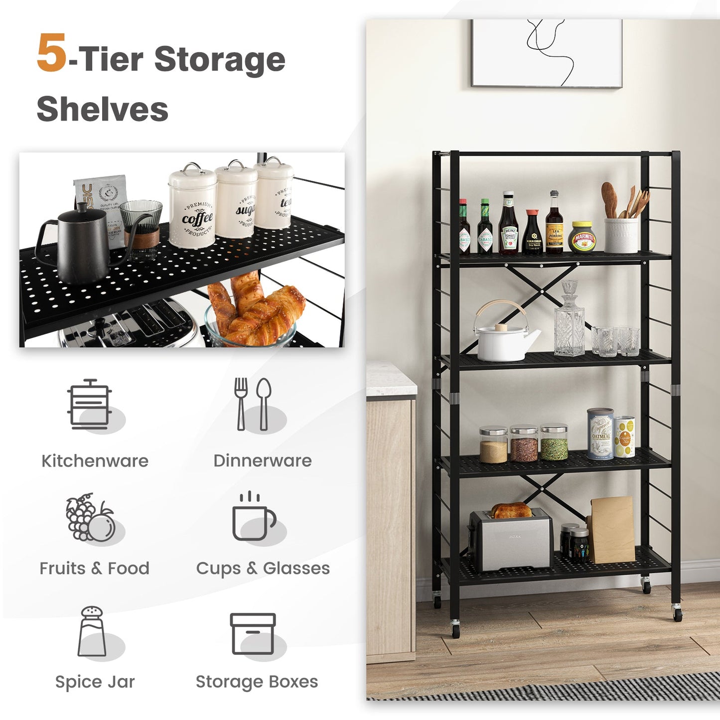 Estanterías ajustables de 5 niveles con ruedas para garaje, cocina, balcón