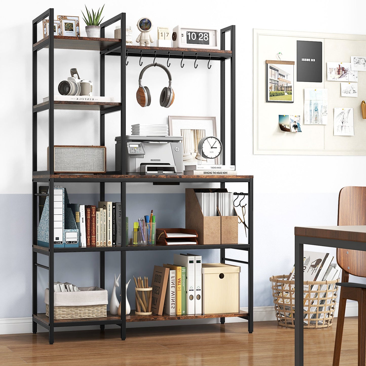 5-Tier Bakers Rack with Power Outlets and 10 S-Shaped Hooks-Rustic Brown