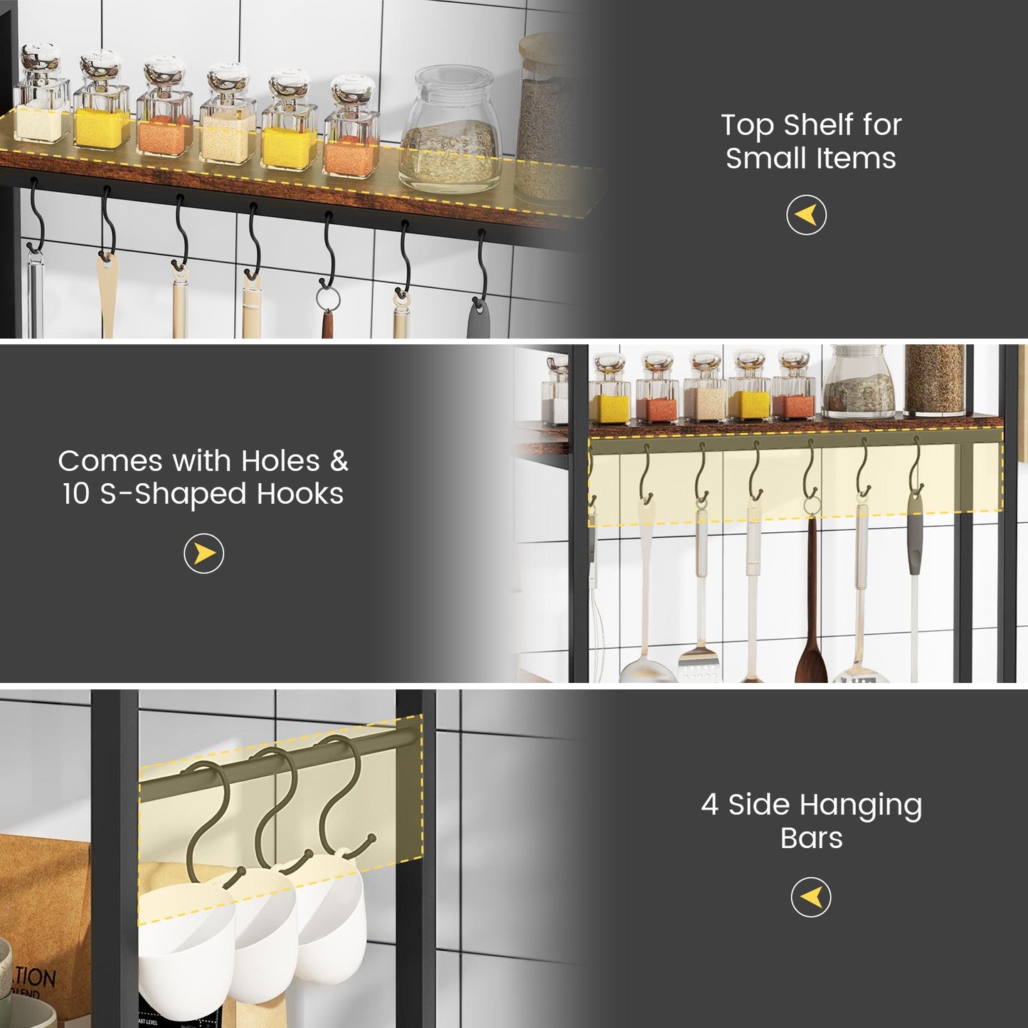 5-Tier Bakers Rack with Power Outlets and 10 S-Shaped Hooks-Rustic Brown