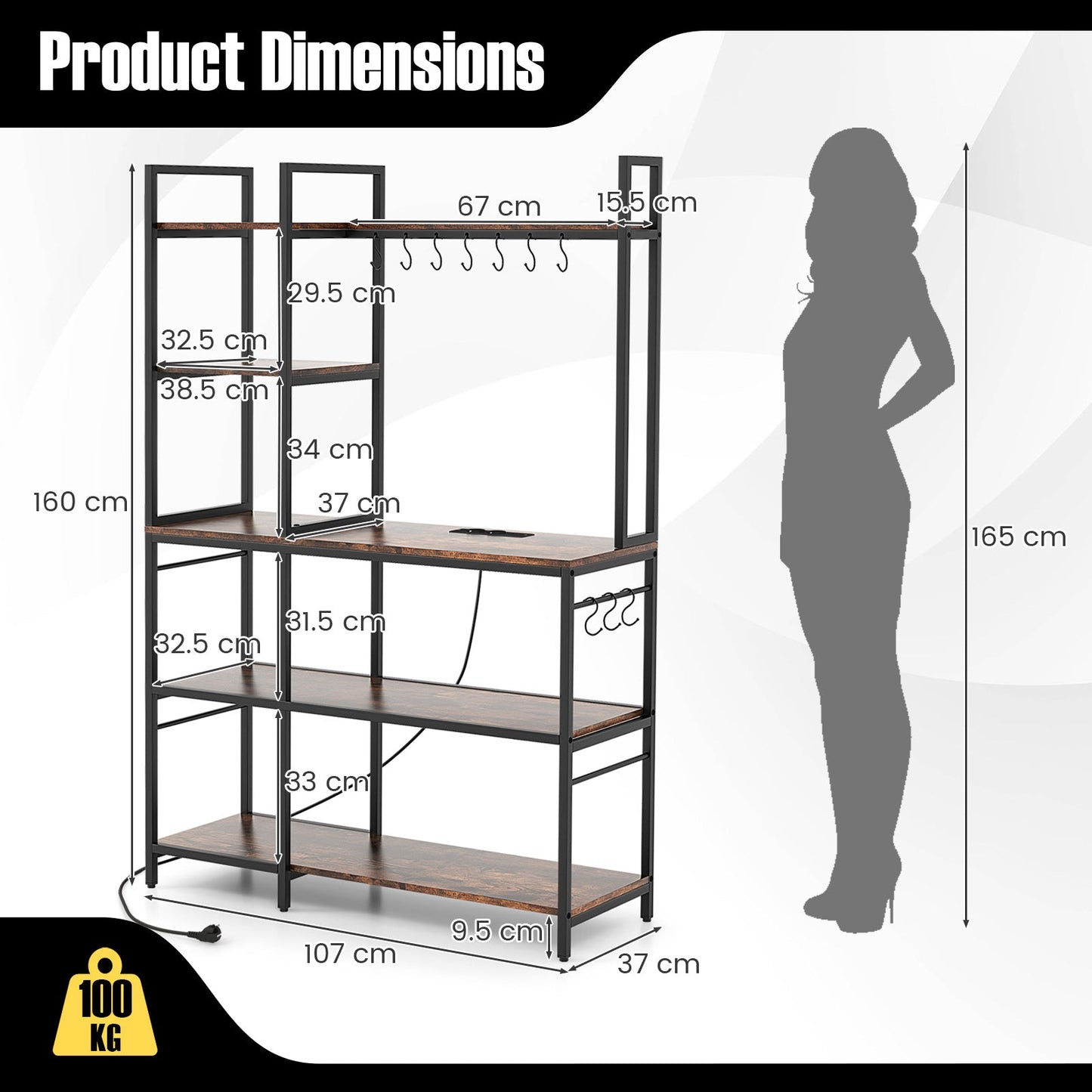5-Tier Bakers Rack with Power Outlets and 10 S-Shaped Hooks-Rustic Brown