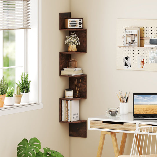 5-Tier Corner Shelf Floating Bookshelf Wall Mounted Storage Organizer-Rustic Brown