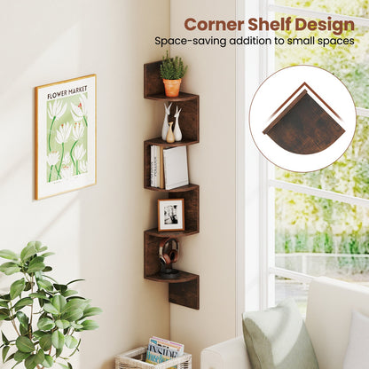 5-Tier Corner Shelf Floating Bookshelf Wall Mounted Storage Organizer-Rustic Brown