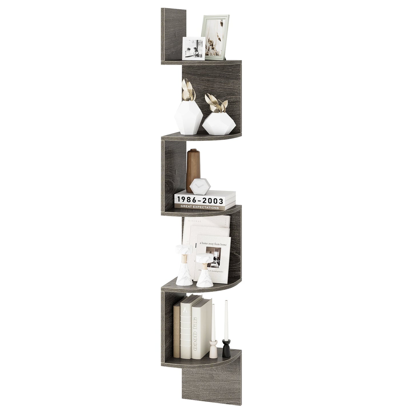 5-Tier Corner Shelf Floating Bookshelf Wall Mounted Storage Organizer-Rustic Brown