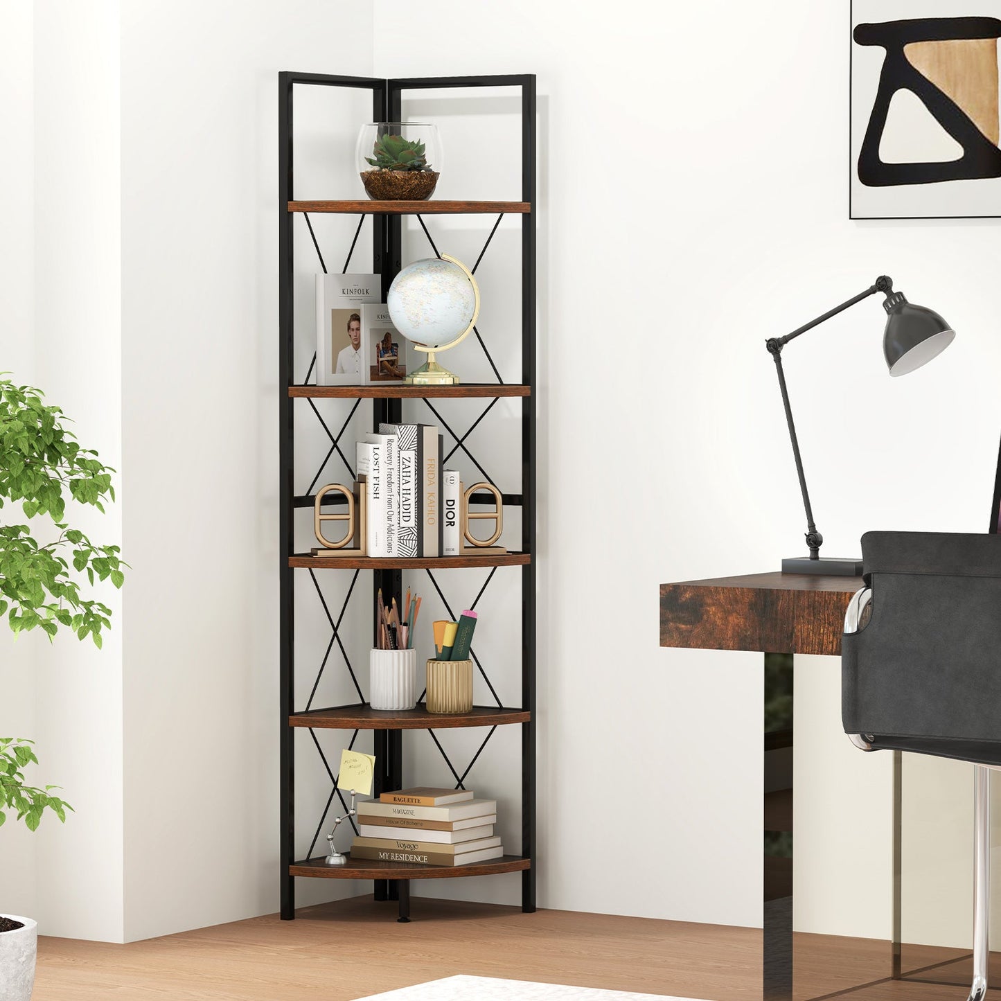 5-Tier Freestanding Corner Shelf 63 Inch Tall Storage Rack-Rustic Brown