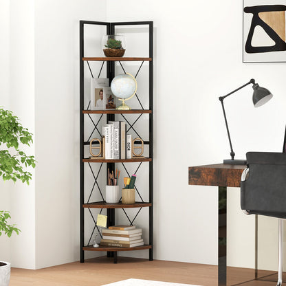 5-Tier Freestanding Corner Shelf 63 Inch Tall Storage Rack-Rustic Brown