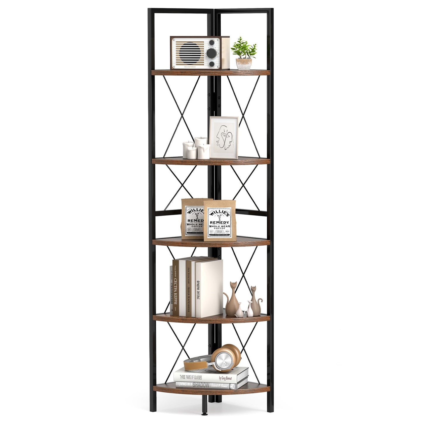 5-Tier Freestanding Corner Shelf 63 Inch Tall Storage Rack-Rustic Brown